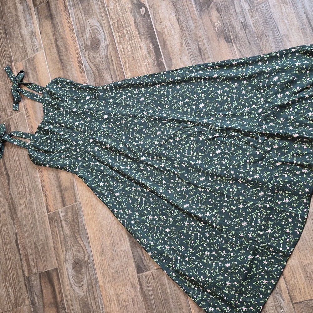 Reborn Green & Pink Floral Tie-Straps Smocked Back Lined Midi Dress, XS, Size 2 - Picture 7 of 14